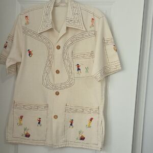 Men's Embroidered Cream Short-Sleeve Shirt